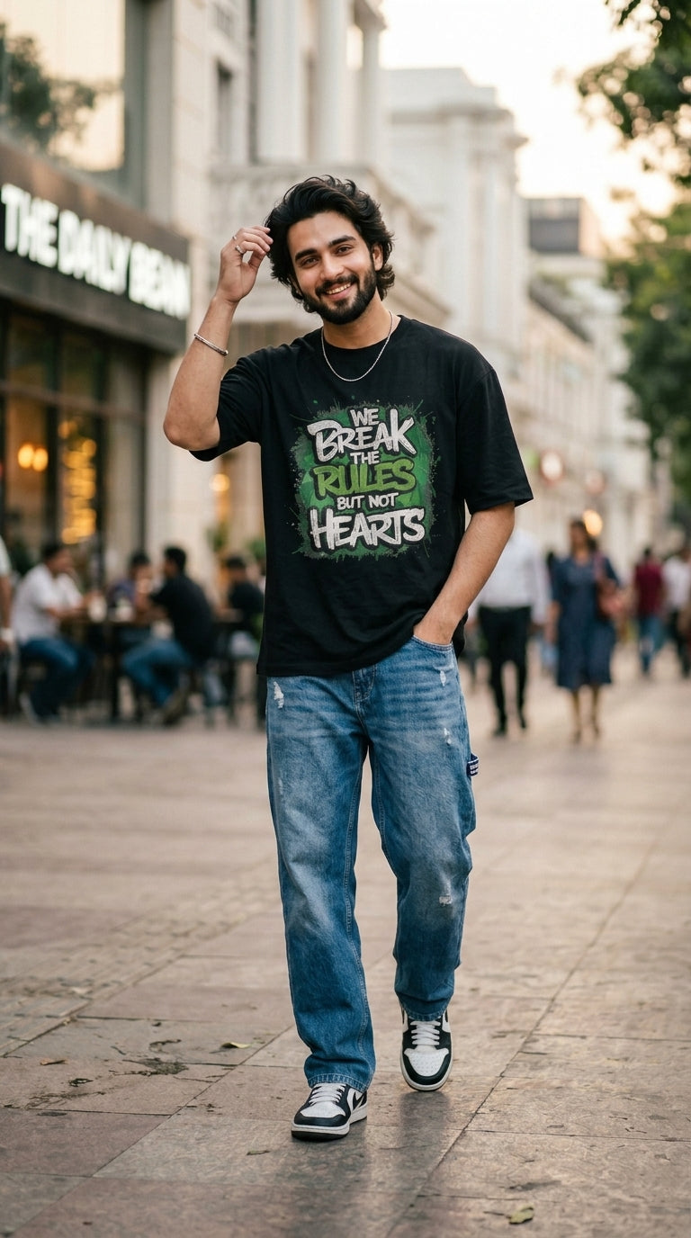 WE BREAK THE RULES BUT THE HEARTS Front Printed Oversized T-Shirt