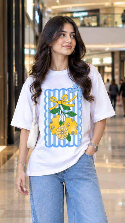 Catchy & Descriptive: Amalfi Lemon & Bow Graphic Oversized Tee