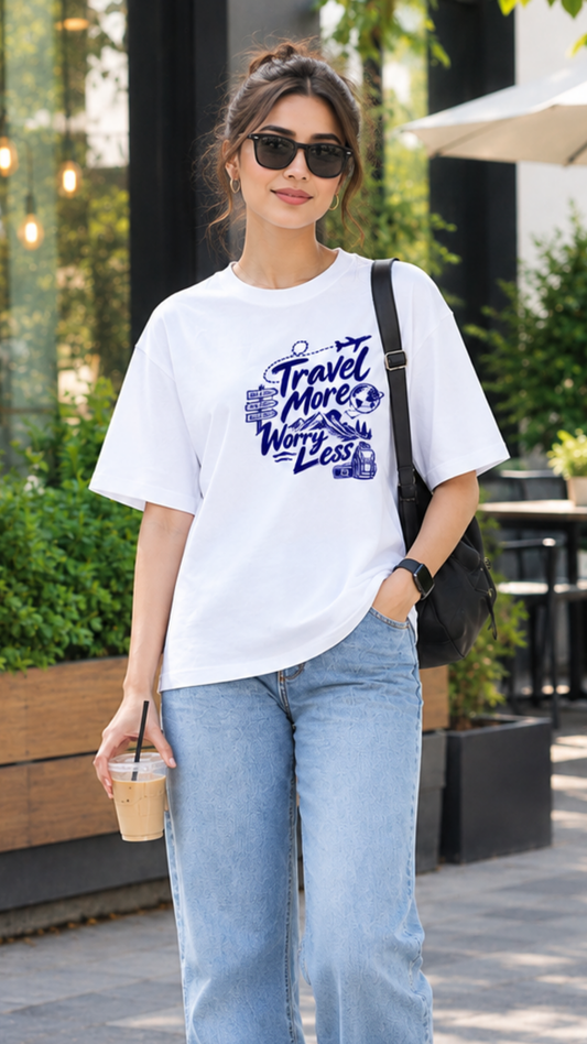 Travel More Worry Less White Graphic Oversized Tee