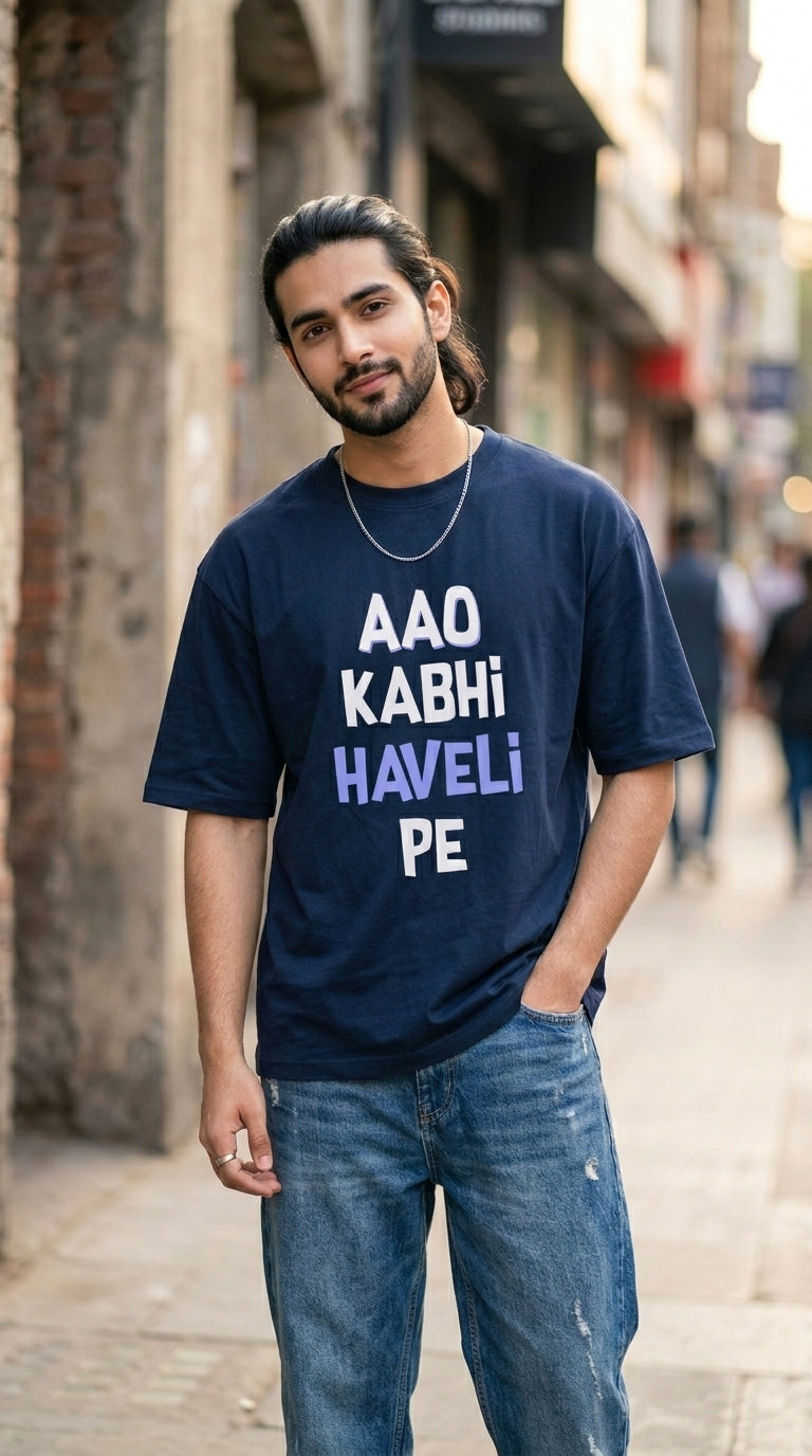 Unisex Aao Kabhi Haveli Pe Front Printed Oversized T-Shirt
