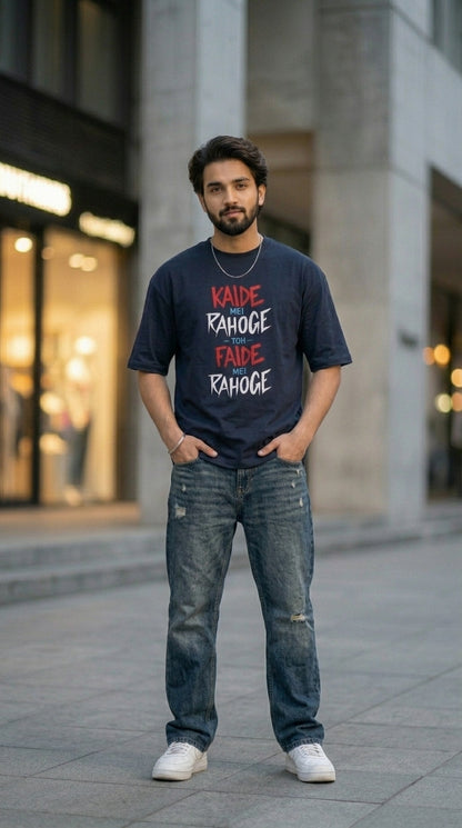 KAIDE MEI RAHOGE TO FAIDE MEI RAHOGE Front Printed Oversized T-Shirt